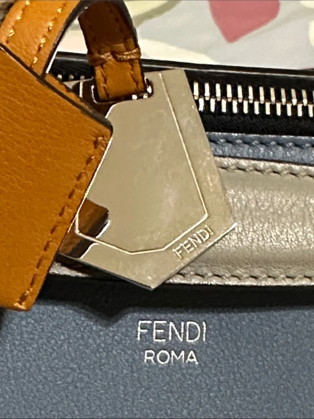 Fendi Blue Leather Satchel with Tan Accent
